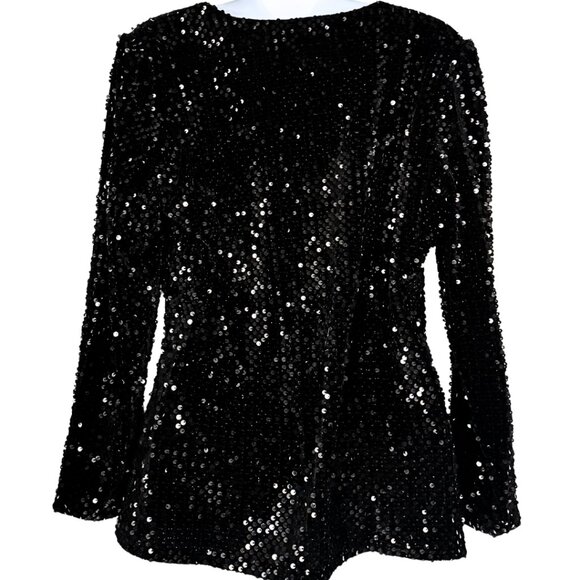 Ann Taylor Party Black Sequin Wrap Top – Stretch Party Blouse Size M - Picture 4 of 7